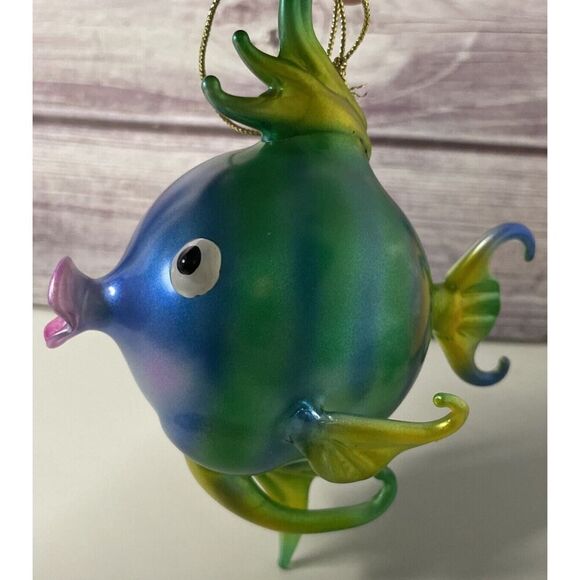 Vintage Alessandra Puffer Kissing Fish Ornament Blue Green Blown Glass 3" X 5" - Picture 8 of 8